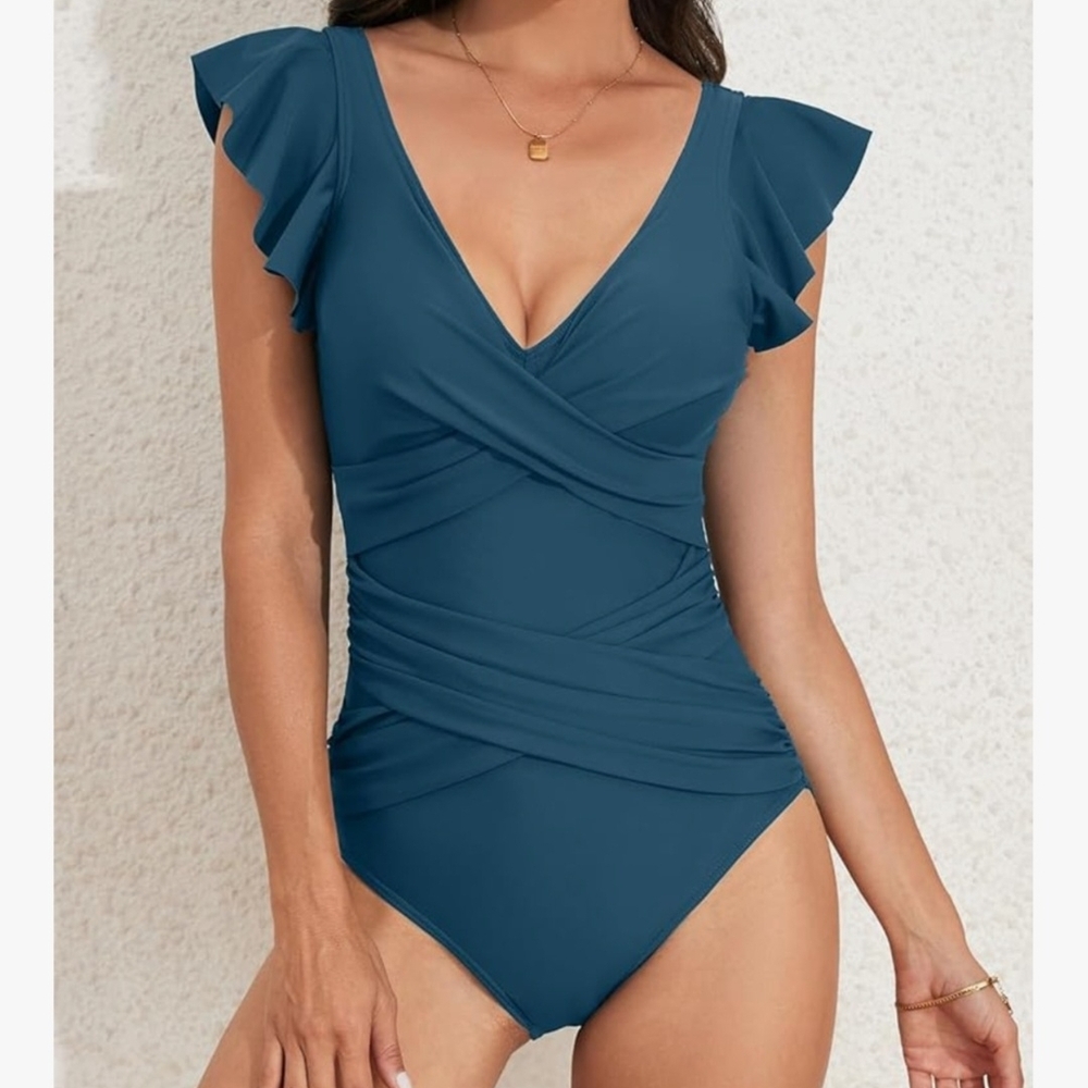 Women's One Piece Swimsuit Ruffle Sleeves Tummy Control Criss Cross Waist. NWT
